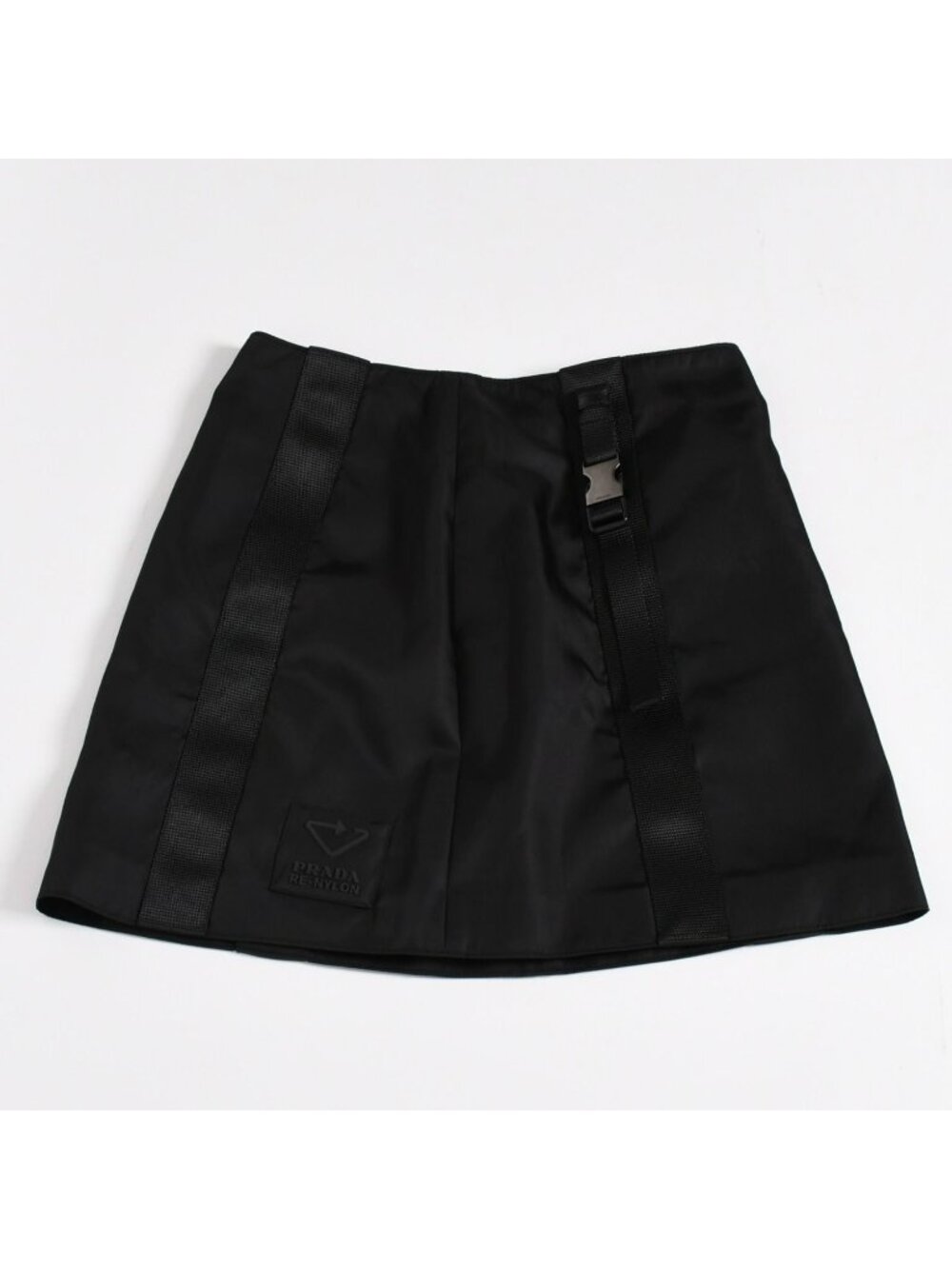 Prada Re-Nylon Triangle Logo Skirt Stripe Metal Buckle Black Silver